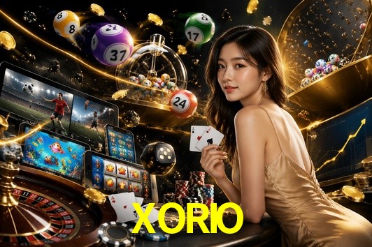 Una escena digital vívida inspirada en casino con XORIO mostrado prominentemente, luces brillantes, fichas, cartas y acentos dorados.